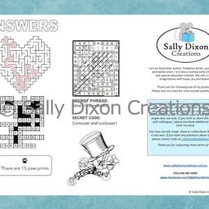 Op de afbeelding: Een wit activiteitenblad met puzzels en illustraties. Bevat een hartvormig doolhof, een woordzoeker en een kruiswoordpuzzel. Bevat de tekst "ANSWERS" en "Sally Dixon Creations".