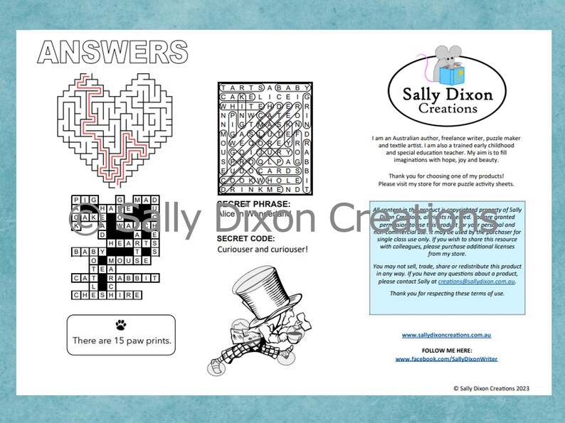 Op de afbeelding: Een wit activiteitenblad met puzzels en illustraties. Bevat een hartvormig doolhof, een woordzoeker en een kruiswoordpuzzel. Bevat de tekst "ANSWERS" en "Sally Dixon Creations".