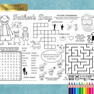 FATHER&#39;S DAY, Puzzle Placemat, PDF digital download, crossword puzzles,  Activity sheet, place mat, printable resource worksheet handout