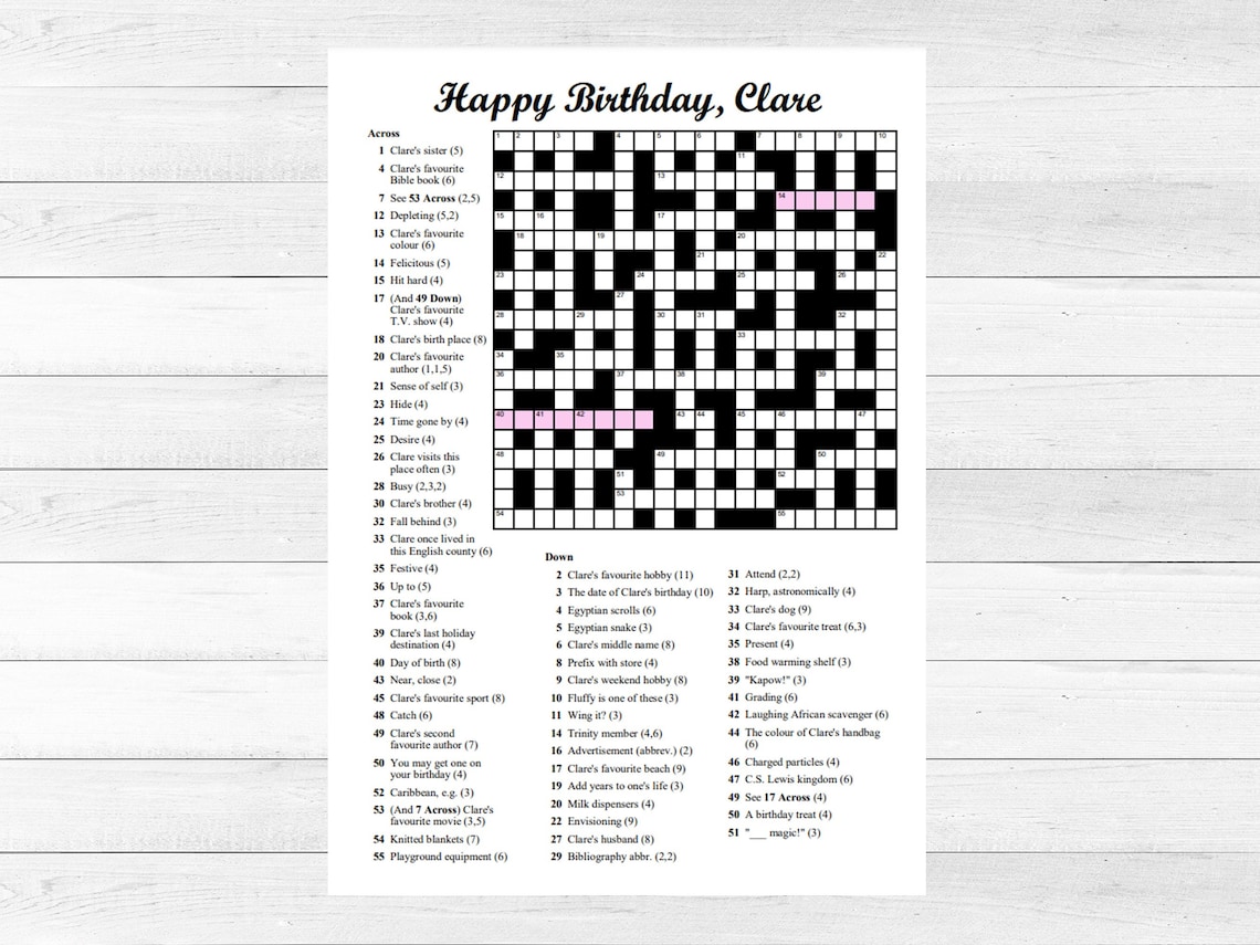 Printable CUSTOM CROSSWORD Puzzle, Birthday Gift, PDF, Crossword ...