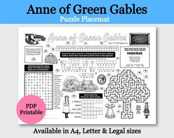 Anne of Green Gables puzzelplacemat: activiteitenblad voor kinderen (digitale pdf-download)