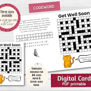 Get Well Soon Card, carte imprimable CODEWORD, PDF Digital Download, carte de voeux, Puzzle imprimable, Cross Word, Code Word Crossword
