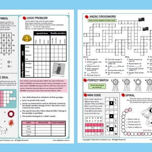 ANZAC DAY, Puzzle Sheets, Printable Activity Sheet, PDF File, Crossword ...