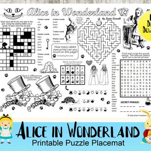 Op de afbeelding: Zwart-wit bedrukbare Alice in Wonderland puzzel placemat. Bevat een kruiswoordraadsel, doolhof, woordzoeker en zoek de verschillen spel. PDF digitale download.