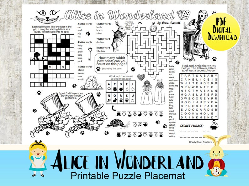 Op de afbeelding: Zwart-wit bedrukbare Alice in Wonderland puzzel placemat. Bevat een kruiswoordraadsel, doolhof, woordzoeker en zoek de verschillen spel. PDF digitale download.