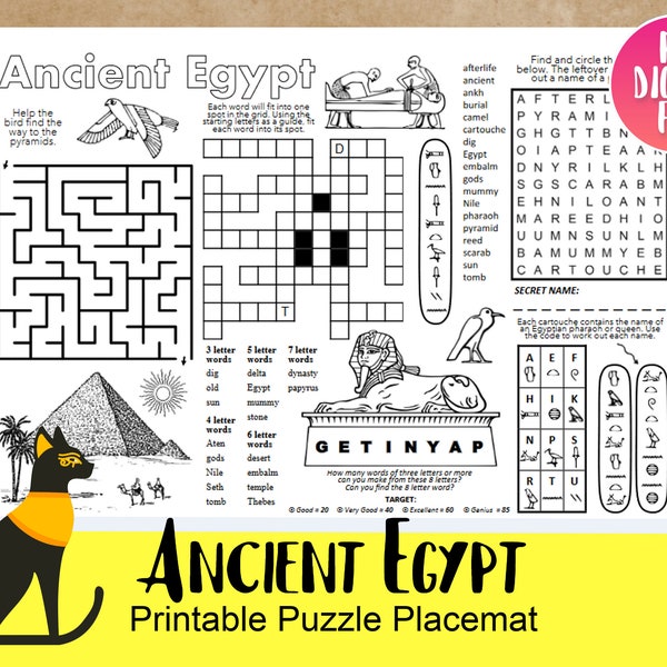 ANCIENT EGYPT printable, Puzzle Place mat, crossword puzzles, Egyptian History Activity Sheet, PDF digital download, School resource