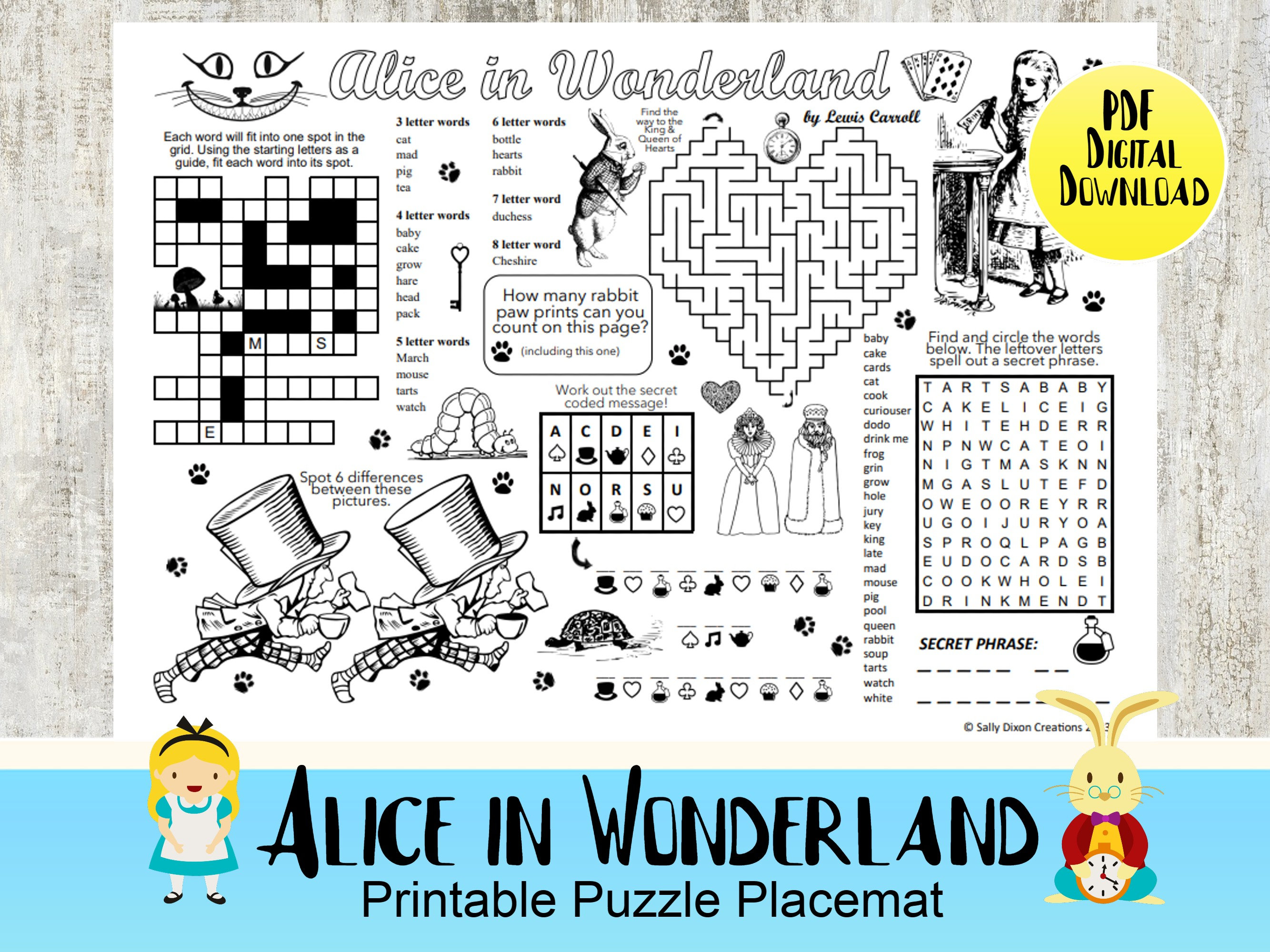 Alice in Wonderland Puzzle Place Mat Crossword Puzzles - Etsy