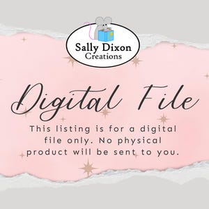 Op de afbeelding: Een aankondiging voor een digitale bestandslijst met een roze en grijze achtergrond. De tekst "Digital File" is in elegant script geschreven. De aanbieding is alleen voor een digitaal bestand, er wordt geen fysiek product verzonden. Een muisillustratie staat bovenaan.