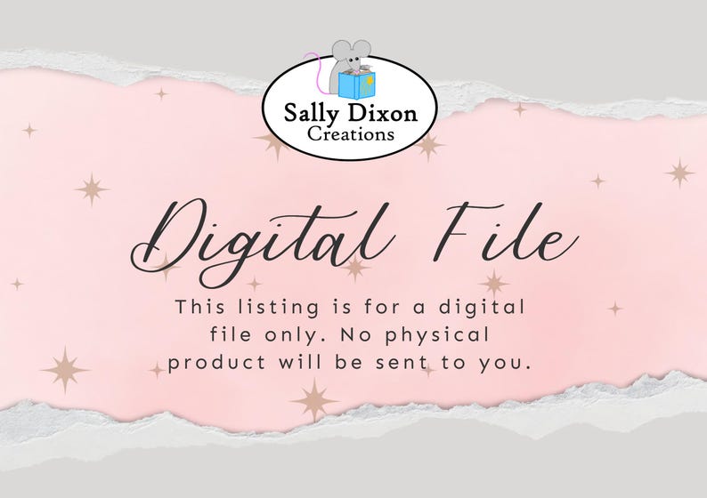 Op de afbeelding: Een aankondiging voor een digitale bestandslijst met een roze en grijze achtergrond. De tekst "Digital File" is in elegant script geschreven. De aanbieding is alleen voor een digitaal bestand, er wordt geen fysiek product verzonden. Een muisillustratie staat bovenaan.