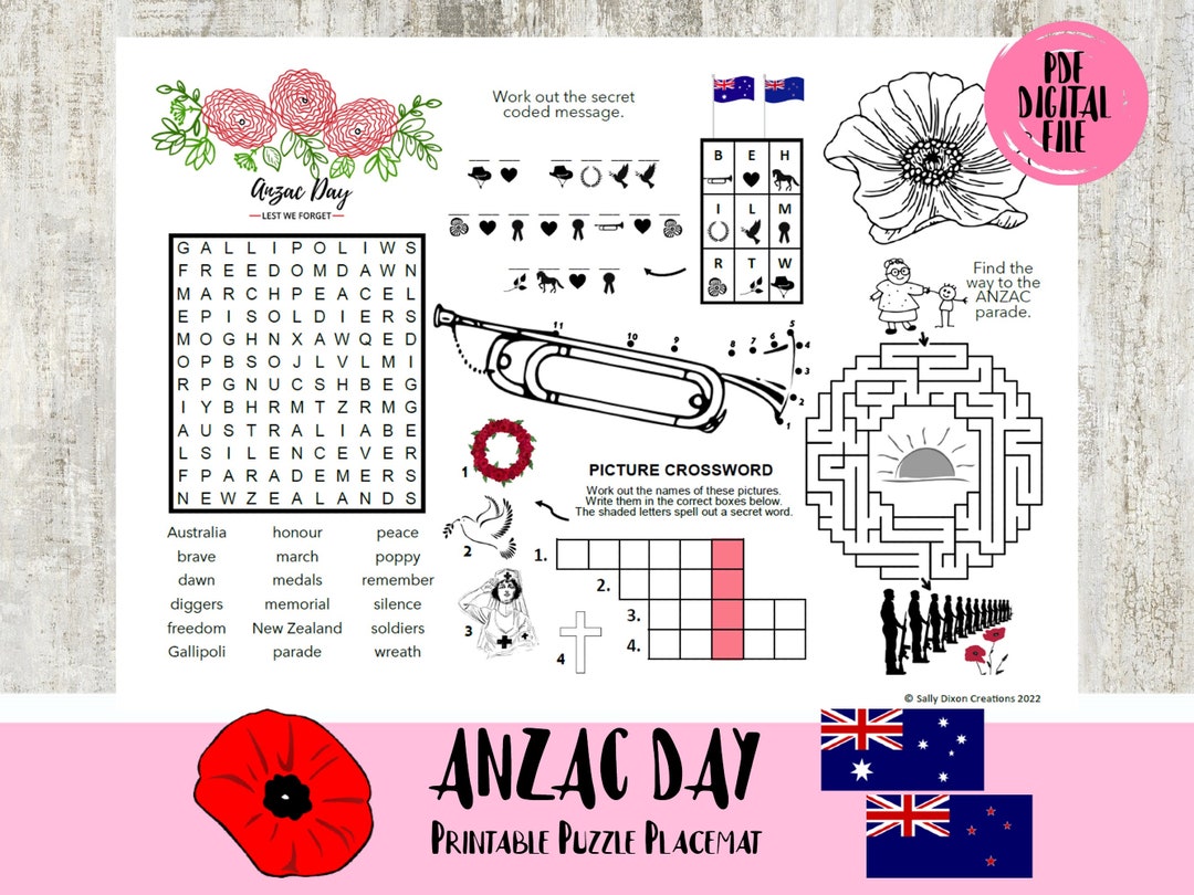 ANZAC DAY, Puzzle Sheet, Puzzle Placemat, Printable Activity Sheet, PDF File, Crossword Puzzles