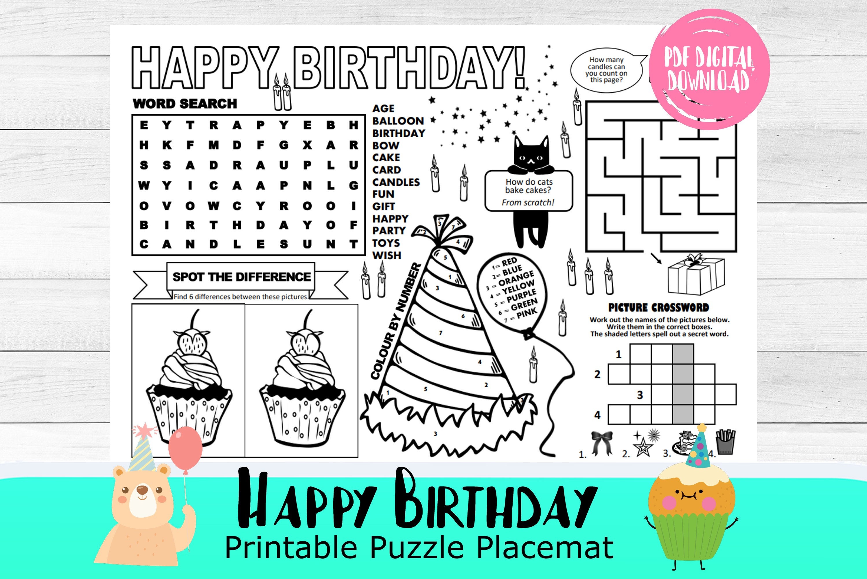 Set de table puzzle Joyeux anniversaire : feuille d'activités pour enfants (téléchargement numérique PDF)