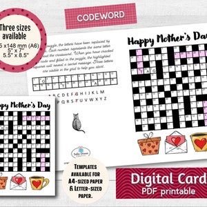 CODE WORD Mother's Day Card, Mothers Day Printable, PDF Digital Instant Download, Greeting Card, Code Breaker Crossword, Code Cracker Puzzle