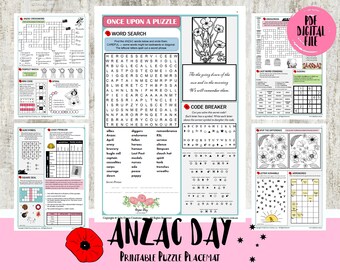 ANZAC DAY, Puzzle sheets, Printable activity sheet, PDF file, crossword puzzles, digital printable, Australia, New Zealand