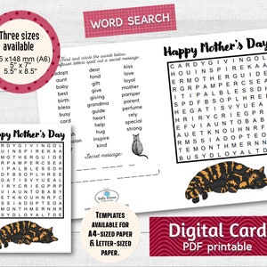 Mother's Day Card, WORD SEARCH printable card, Mother's Day Card, PDF Digital Download, Greeting Card, Puzzle Printable, Find a Word Puzzle