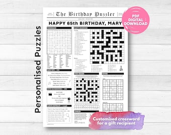 Puede incluir: Un rompecabezas de cumpleaños imprimible en blanco y negro con un crucigrama, una búsqueda de palabras, un rompe códigos y Sudoku. El título del rompecabezas es "The Birthday Puzzler" y el texto "Happy 65th Birthday, Mary" está en la parte superior de la página.