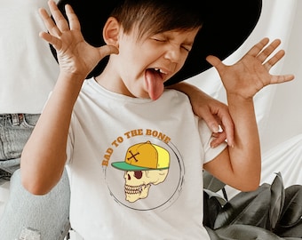 Bad To The Bones Toddler Short Sleeve Tee, Kids Halloween Shirt, Cute Fall Boys Girls Shirt, Retro kids shirt, Skeleton shirt