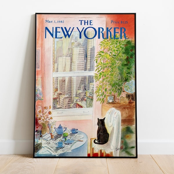 The NewYorker Magazine Cover,With The Cat At The Window, March 1, 1982 by Jean Jacques Sempé, New Yorker Prints, Home Decor, Wall Art