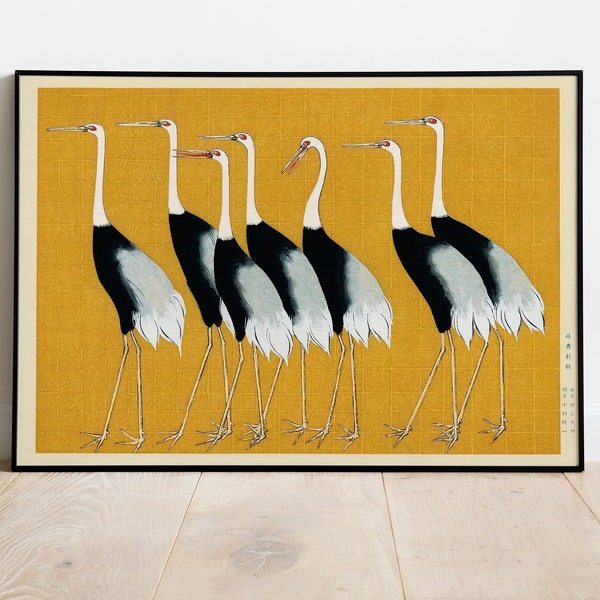 Vintage Japanese poster with Seven Cranes Bird illustration Wall art print, Home Decor Ogata Korin