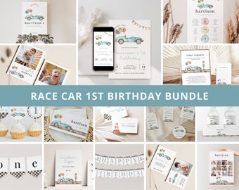Fast One Birthday Invitation Bundle, Race Car Birthday Package, Racing Party Decorations, Instant Download
