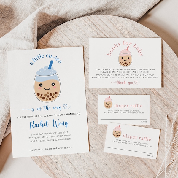 Boba Bubble Tea Baby Shower Invitation Set, A Little Cu-Tea is on the Way Party Invitation, Editable Colors, Instant Download