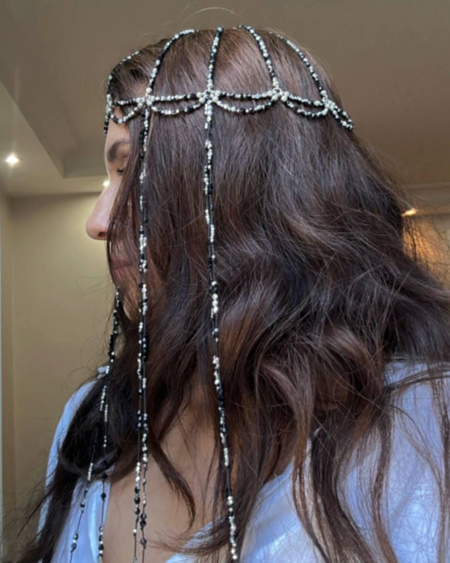 Silver Black Beaded Headpiece | Handmade Boho Hair Jewelry  display picture 3