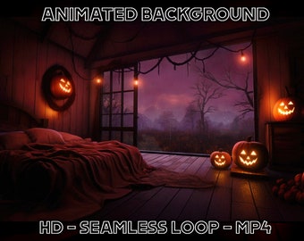 Loop di sfondo animato - Calda camera da letto piovosa di Halloween per schermo verde SFX Vtuber Zoom Twitch Stream Gaming Accogliente Lofi Chill Nebbia Overlay