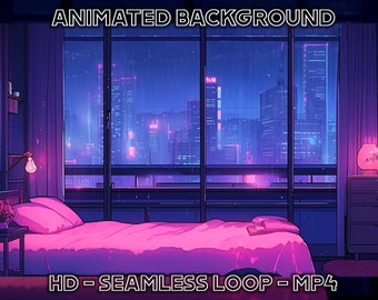 Ciclo di sfondo animato - Camera da letto anime per schermo verde SFX Vtuber Zoom Twitch Stream Visual Novel Videogioco Accogliente Lofi Chill Rain Overlay