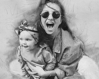 Croquis personnalisé de dessin de crayon de portrait de la photo, portrait personnalisé de couple d’art numérique de famille prêt pour l’impression cadeau du 80e anniversaire pour maman