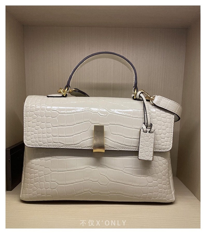 Crocodile print leather handbag,Women's Briefcase,White/Brown image 4