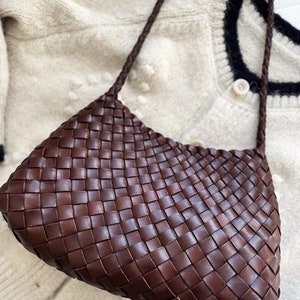 Borsa tote in pelle intrecciata artigianale, borsa HOBO da donna intrecciata a mano, borsa per le vacanze estive coffee