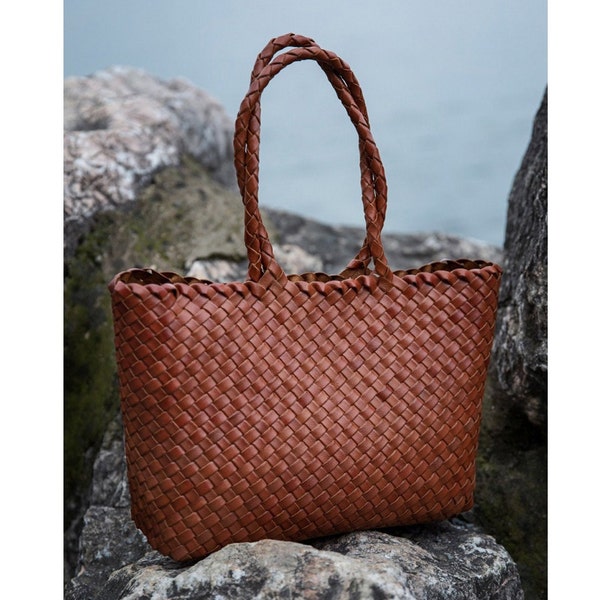 Leather Woven Bag, New Style Summer Beach Bag, Handcrafted Basket Bag Leather bag Soft Leather handbag Woven Leather Hobo Woven Bag