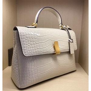 Crocodile print leather handbag,Women's Briefcase,White/Brown image 5