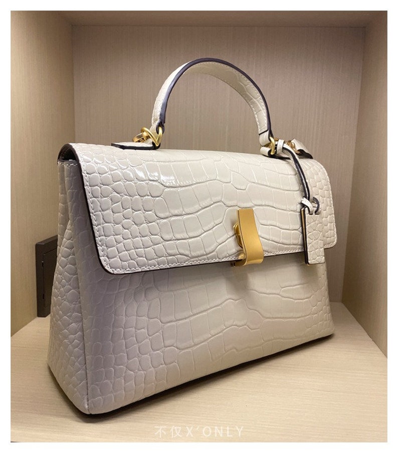 Crocodile print leather handbag,Women's Briefcase,White/Brown image 5