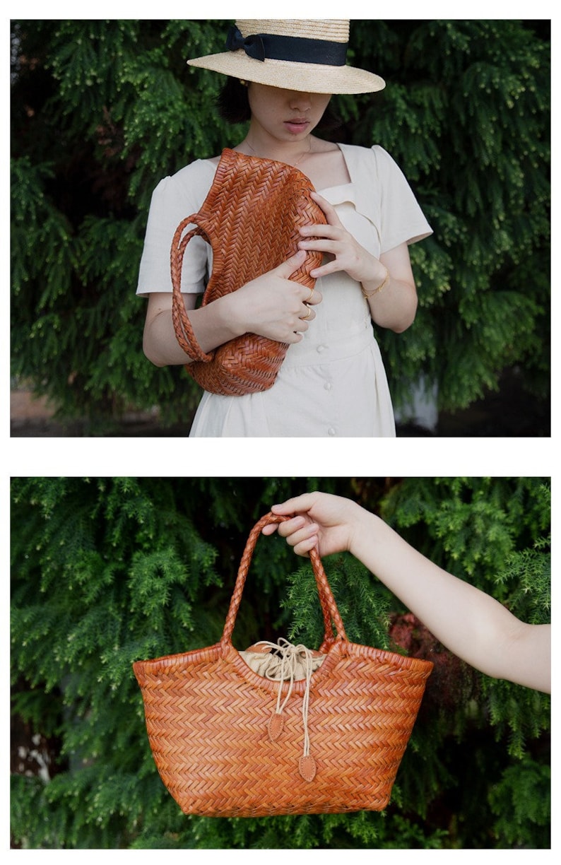 Handcrafted Woven Leather Tote Bag, Full Grain Leather Hand Woven Triple Jump Bamboo Style Ladies HOBO Bag, Summer Holiday Bag image 7