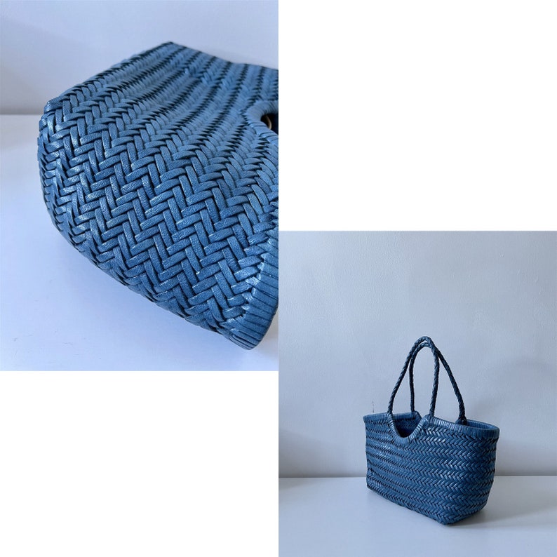 Handcrafted Woven Leather Tote Bag, Full Grain Leather Hand Woven Triple Jump Bamboo Style Ladies HOBO Bag, Summer Holiday Bag Blue