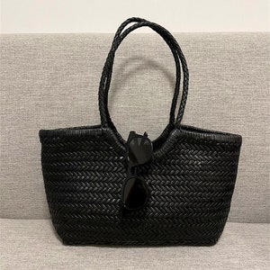 Handcrafted Woven Leather Tote Bag, Full Grain Leather Hand Woven Triple Jump Bamboo Style Ladies HOBO Bag, Summer Holiday Bag Black