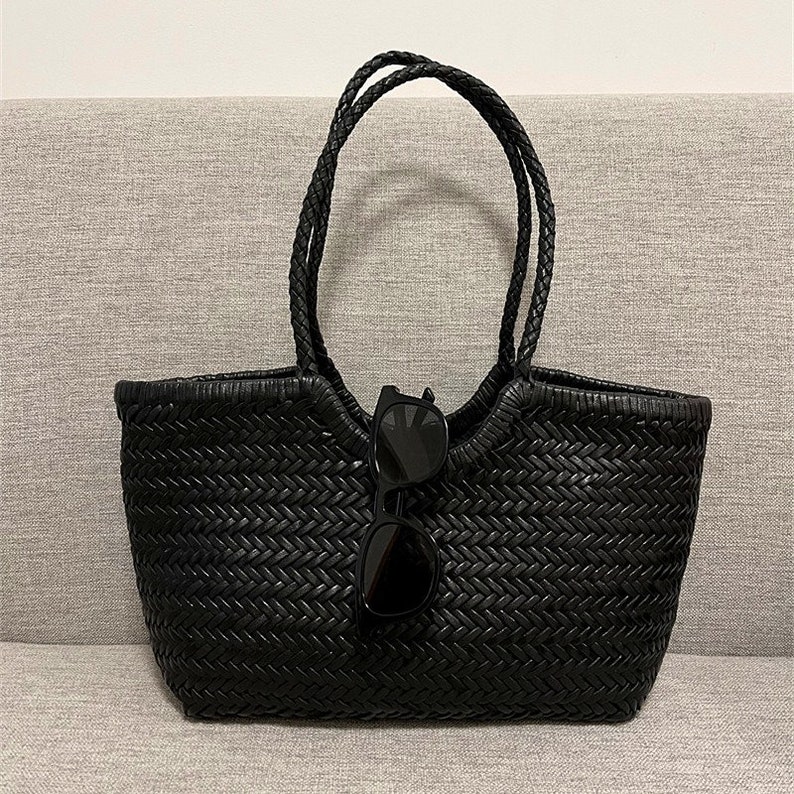 Handcrafted Woven Leather Tote Bag, Full Grain Leather Hand Woven Triple Jump Bamboo Style Ladies HOBO Bag, Summer Holiday Bag Black