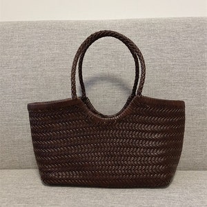 Handcrafted Woven Leather Tote Bag, Full Grain Leather Hand Woven Triple Jump Bamboo Style Ladies HOBO Bag, Summer Holiday Bag Coffee