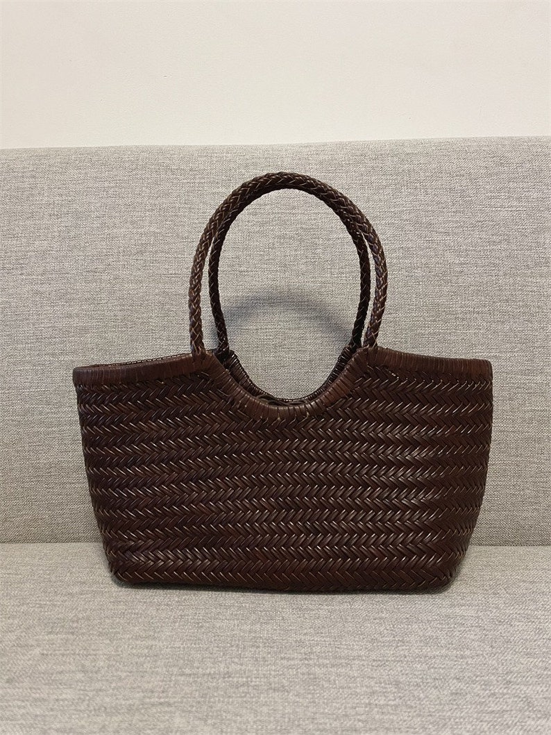 Handcrafted Woven Leather Tote Bag, Full Grain Leather Hand Woven Triple Jump Bamboo Style Ladies HOBO Bag, Summer Holiday Bag Coffee