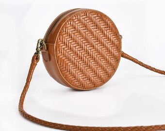 Round Leather Crossbody Bag for Women, Circle  Leather Shoulder Purse, Leather Crossbody Bag,Hand Woven Round Purse, Best Gift for her