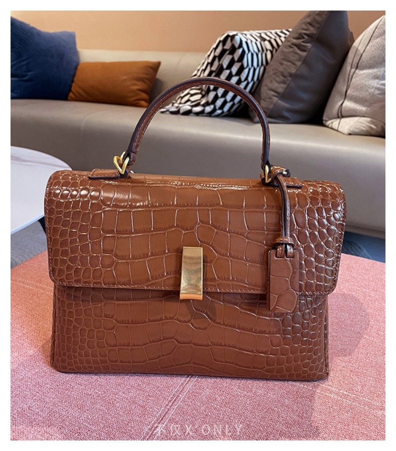 Crocodile print leather handbag,Women's Briefcase,White/Brown image 3