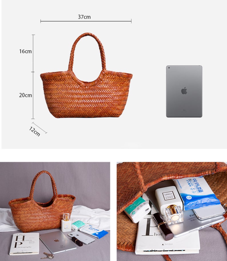 Handcrafted Woven Leather Tote Bag, Full Grain Leather Hand Woven Triple Jump Bamboo Style Ladies HOBO Bag, Summer Holiday Bag image 2