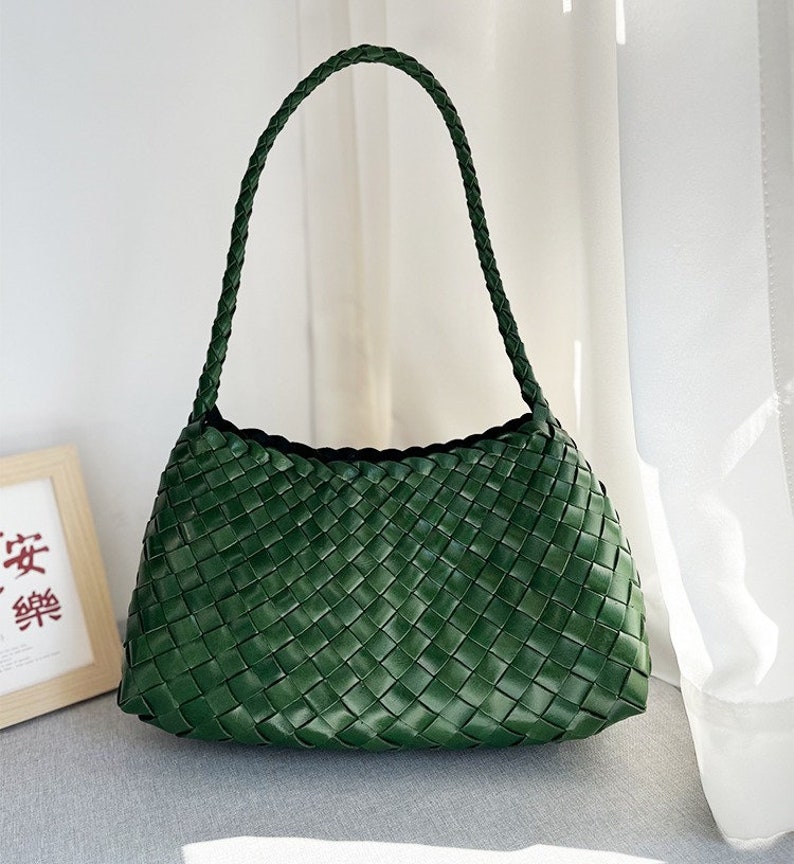 Handcrafted Woven Leather Tote Bag, Hand Woven Ladies HOBO Bag, Summer Holiday Bag green