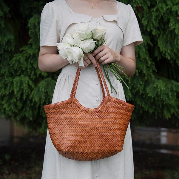 Handcrafted Woven Leather Tote Bag, Full Grain Leather Hand Woven Triple Jump Bamboo Style Ladies HOBO Bag, Summer Holiday Bag