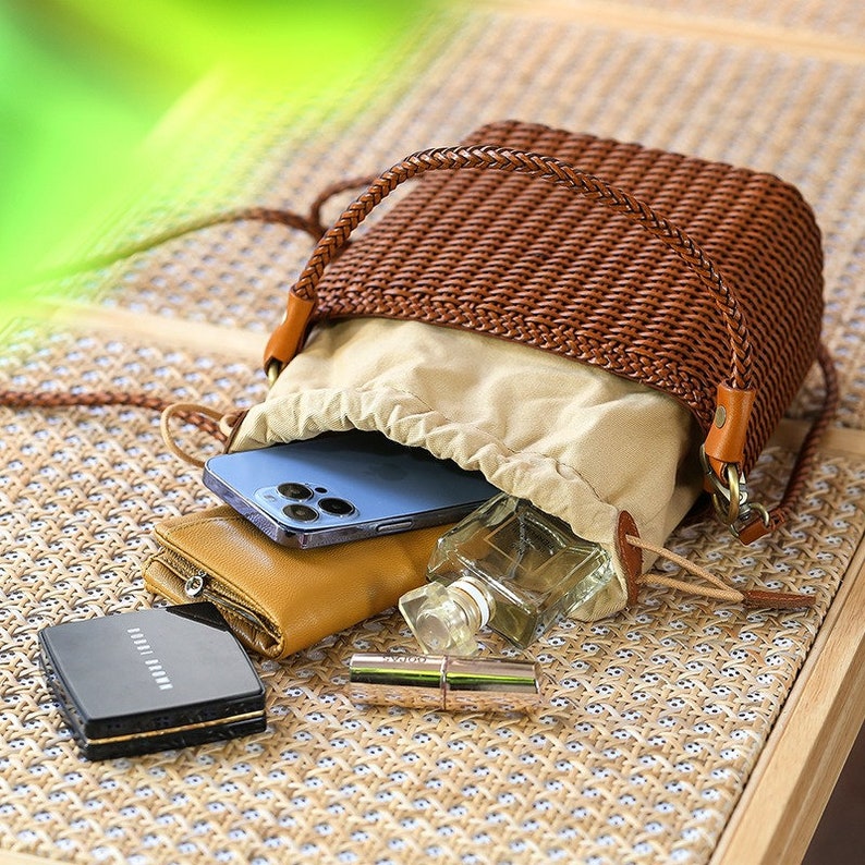 Leather Basket Bag,Handcrafted Ladies Bag,Leather Crossbody Bag, Handwoven Bag,Boho Summer Purse,Crossbody woven Bags, Holiday Bags image 8