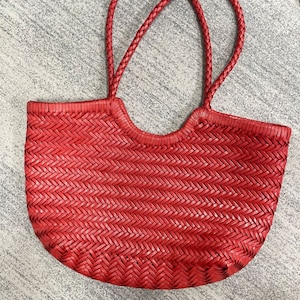 Handcrafted Woven Leather Tote Bag, Full Grain Leather Hand Woven Triple Jump Bamboo Style Ladies HOBO Bag, Summer Holiday Bag red