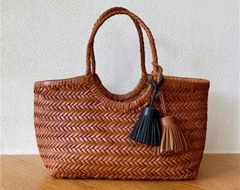 Handcrafted Woven Leather Tote Bag, Full Grain Leather Hand Woven Triple Jump Bamboo Style Ladies HOBO Bag, Summer Holiday Bag