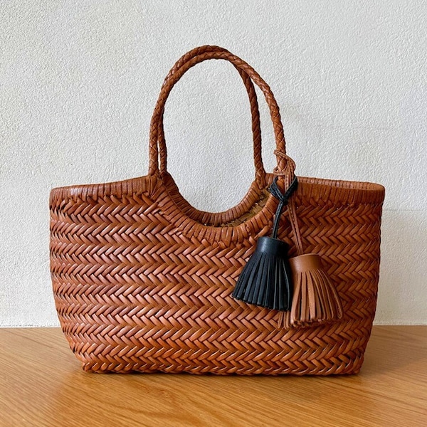 Handcrafted Woven Leather Tote Bag, Full Grain Leather Hand Woven Triple Jump Bamboo Style Ladies HOBO Bag, Summer Holiday Bag