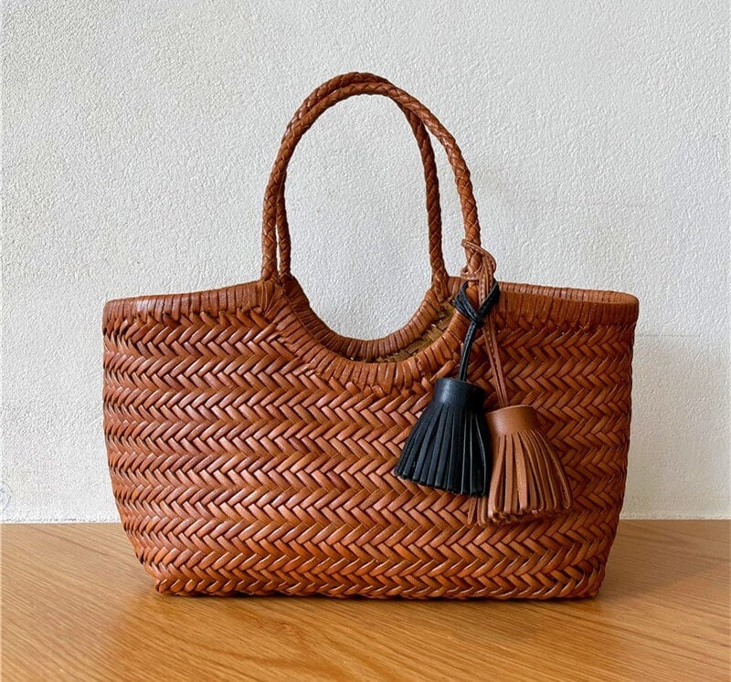 Cognac Woven Leather Bag, Soft Woven Handbag, Leather Tote Woman, Handmade  Shoulder Bag, Large Tote Bag, Modern Leather Crossbody Bag, Elow 