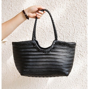 Retro pure handmade cowhide woven bag, Black leather bag,Gifts for her, birthday gift image 5